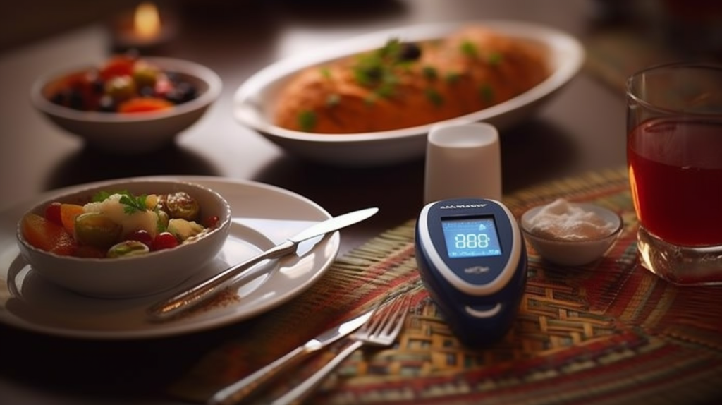 Glucose meter on a table for Yoga for Diabetes
